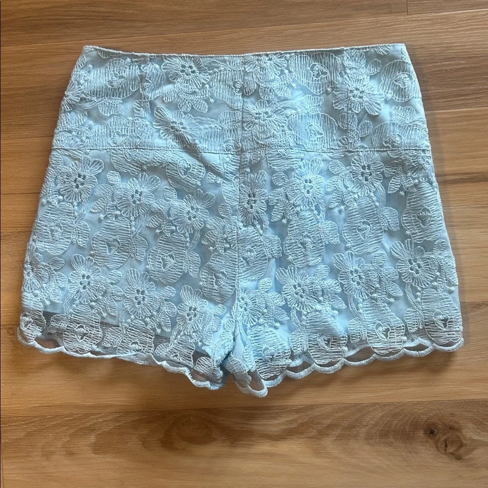 High-Waist Floral Lace Shorts in Light Blue